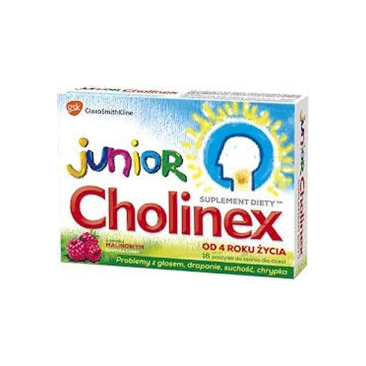 Cholinex Junior pastylki do ssanania dla dzieci o smaku malinowym 16 sztuk