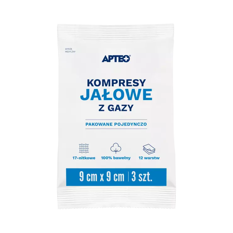 Kompresy jałowe z gazy 9cm x 9cm - 3szt. Apteo